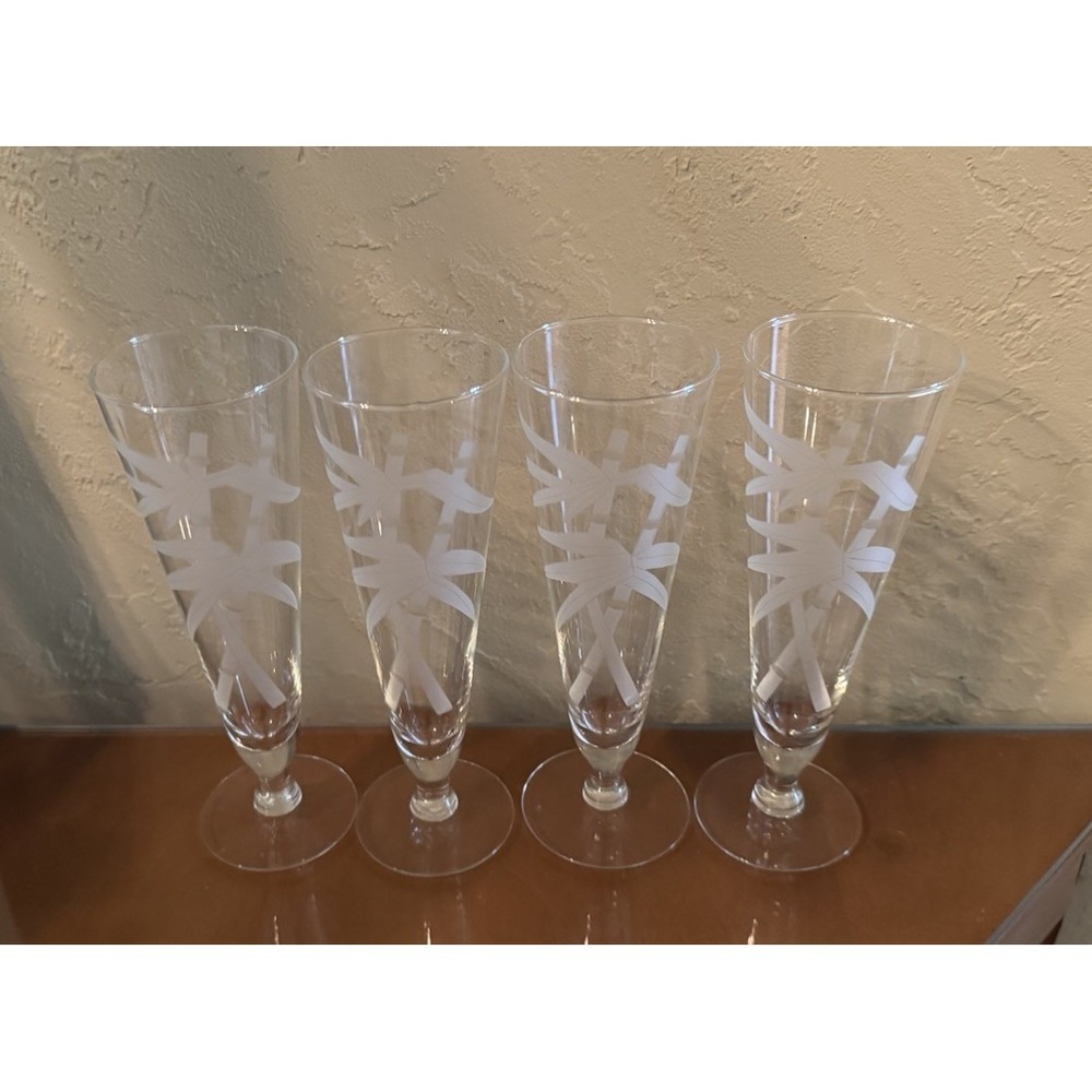 Set of 4 Vintage Etched Bamboo Pilsner Glasses Mid Century Barware Tiki